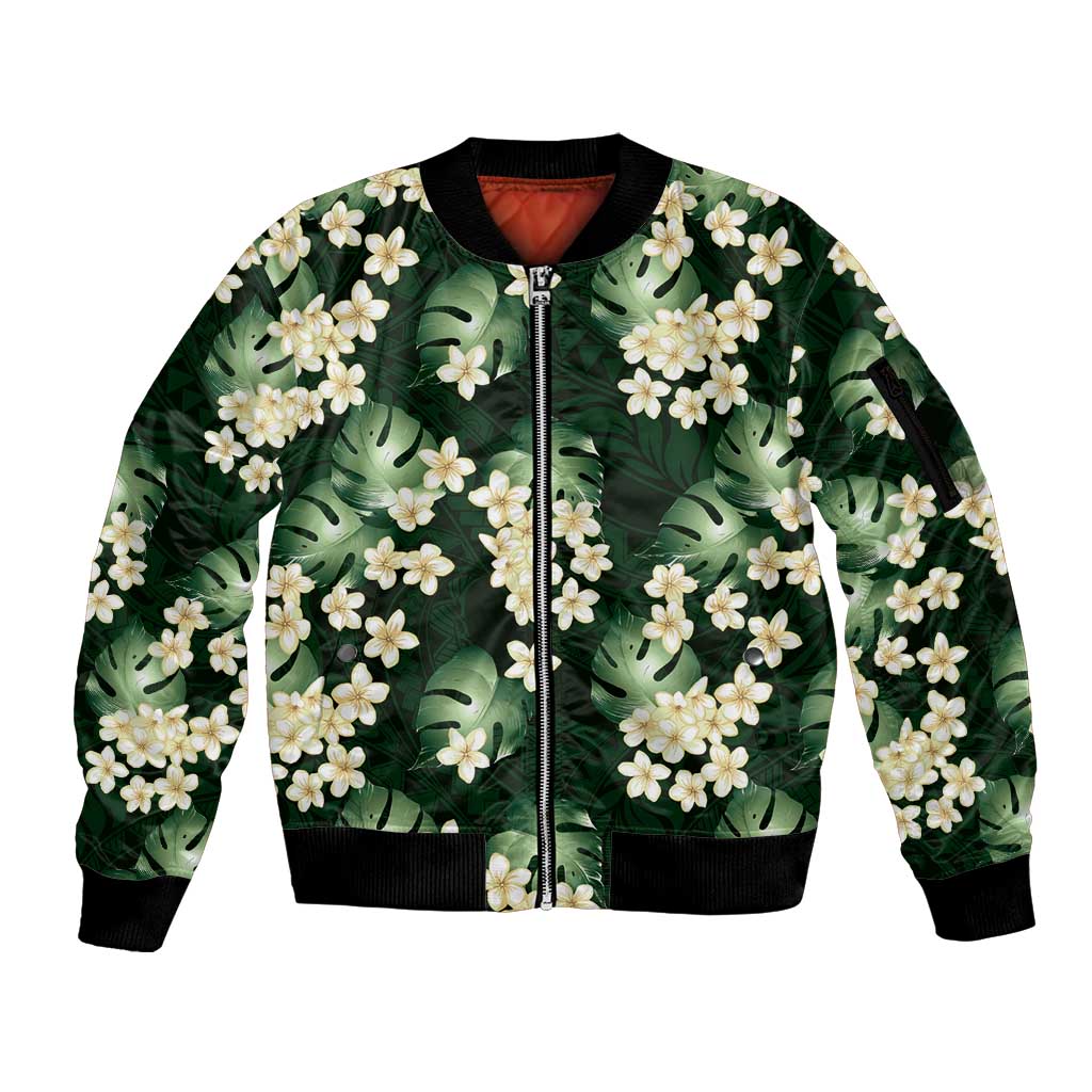 Green Tropical Hawaii Sleeve Zip Bomber Jacket Seamless Monstera Plumeria Hawaiian Pattern - Polynesian Pride