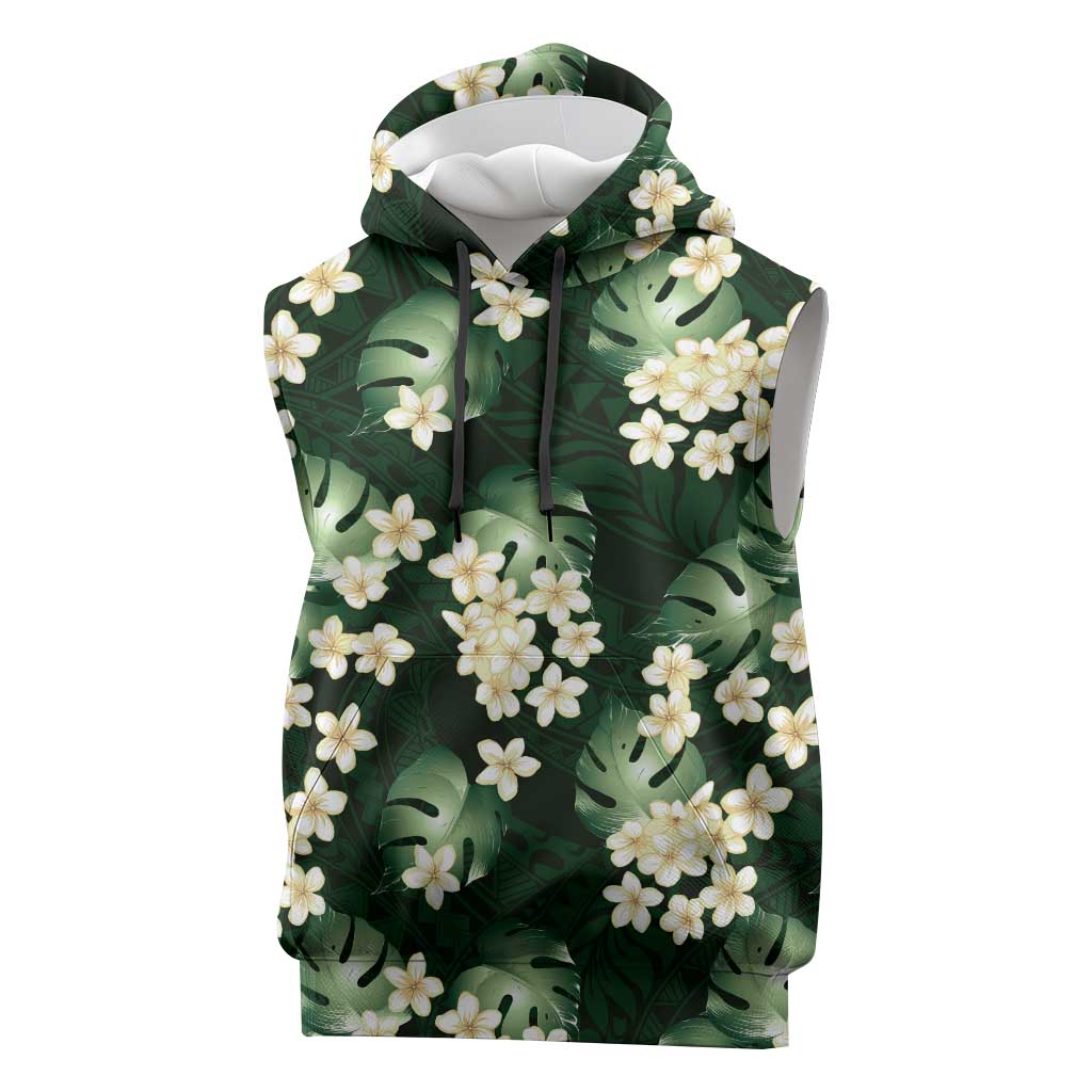 Green Tropical Hawaii Sleeveless Hoodie Seamless Monstera Plumeria Hawaiian Pattern - Polynesian Pride