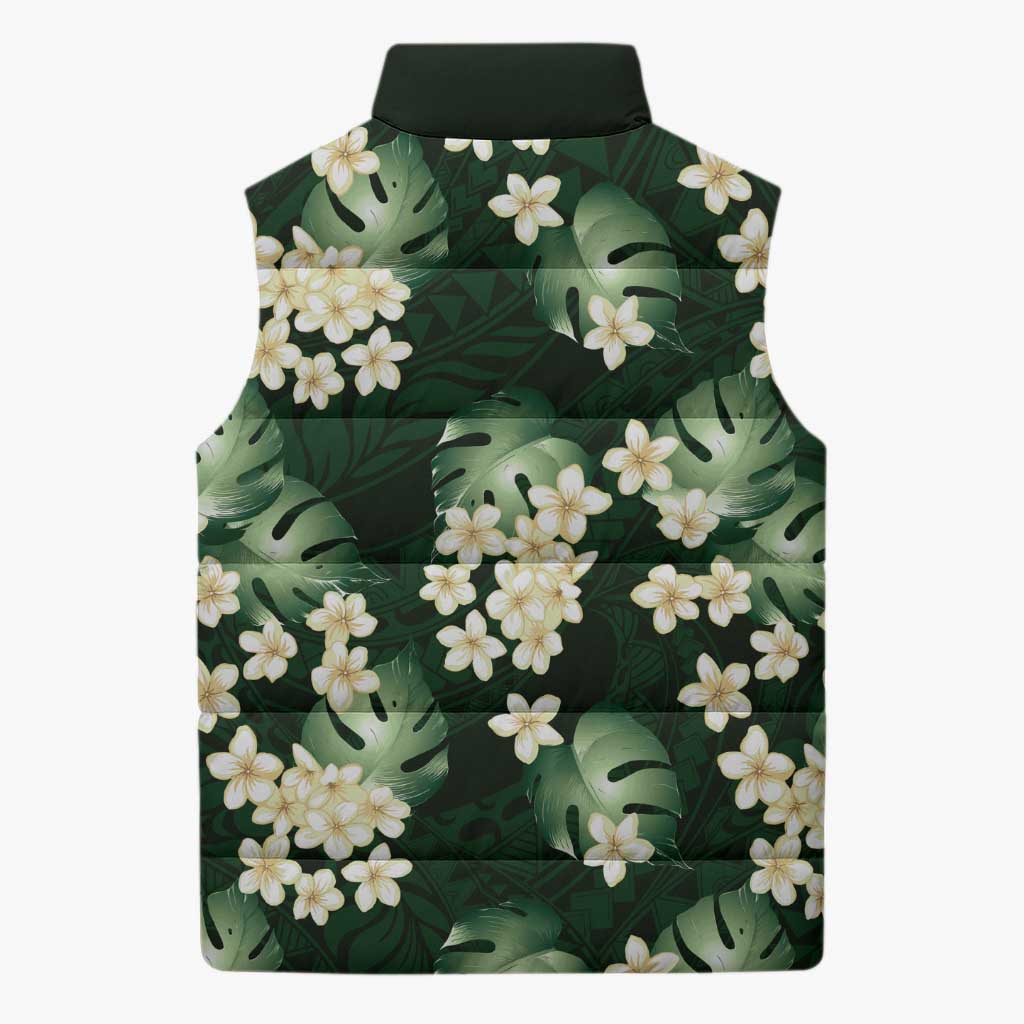 Green Tropical Hawaii Sleeveless Puffer Jacket Seamless Monstera Plumeria Hawaiian Pattern - Polynesian Pride