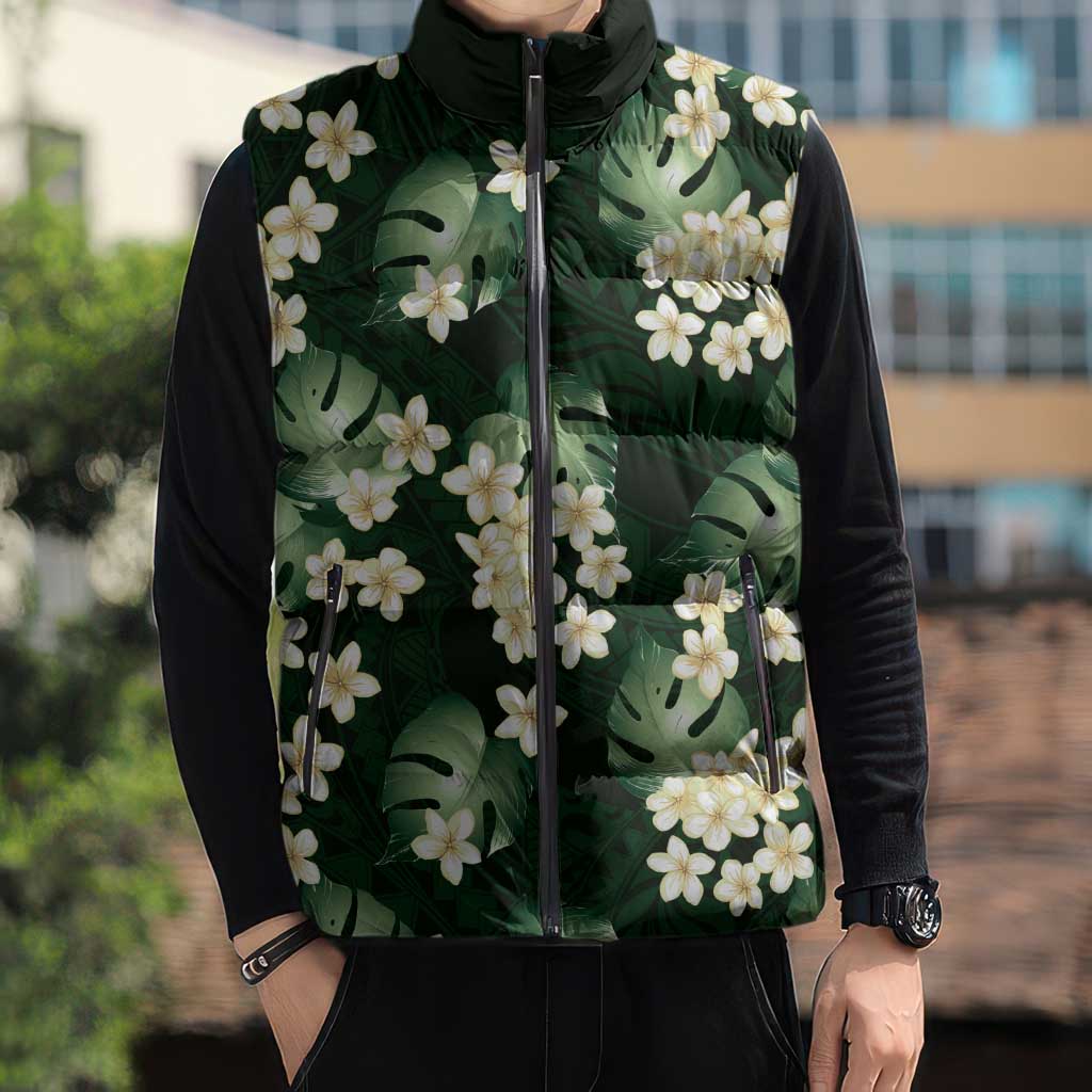 Green Tropical Hawaii Sleeveless Puffer Jacket Seamless Monstera Plumeria Hawaiian Pattern - Polynesian Pride