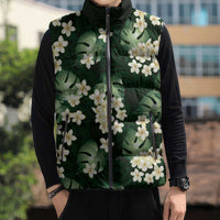 Green Tropical Hawaii Sleeveless Puffer Jacket Seamless Monstera Plumeria Hawaiian Pattern - Polynesian Pride