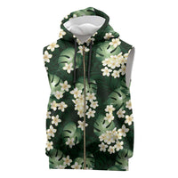 Green Tropical Hawaii Sleeveless Zip Hoodie Seamless Monstera Plumeria Hawaiian Pattern - Polynesian Pride