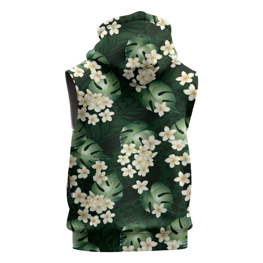 Green Tropical Hawaii Sleeveless Zip Hoodie Seamless Monstera Plumeria Hawaiian Pattern - Polynesian Pride
