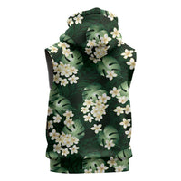 Green Tropical Hawaii Sleeveless Zip Hoodie Seamless Monstera Plumeria Hawaiian Pattern - Polynesian Pride