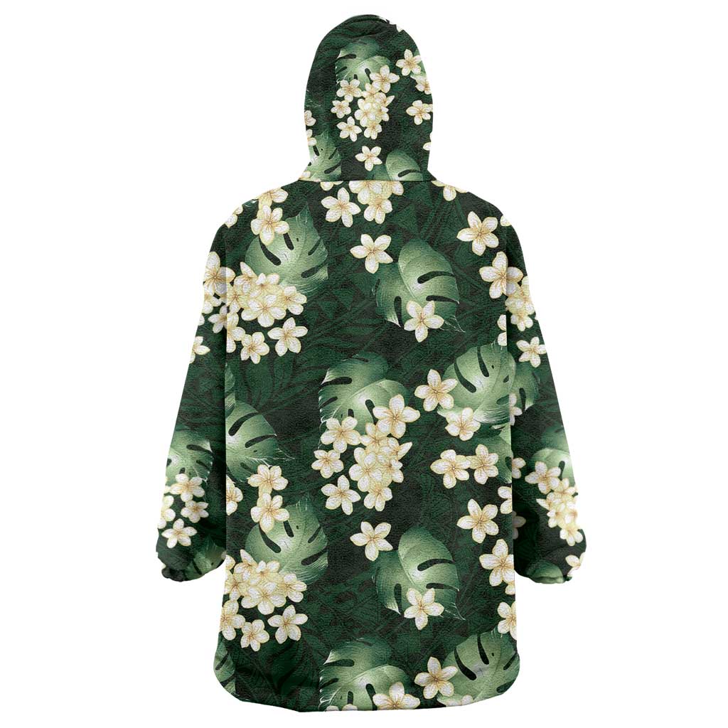 Green Tropical Hawaii Wearable Blanket Hoodie Seamless Monstera Plumeria Hawaiian Pattern - Polynesian Pride