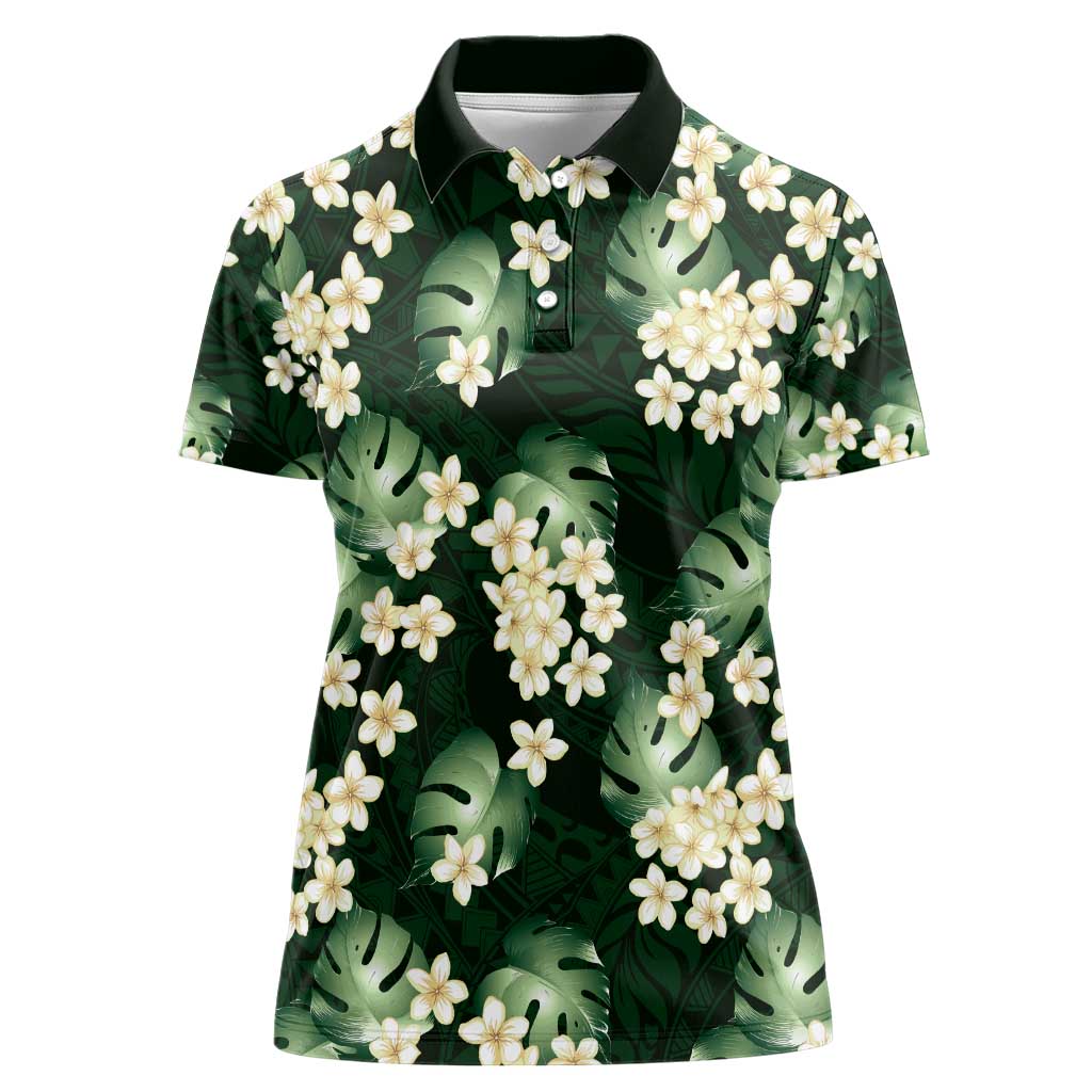 Green Tropical Hawaii Women Polo Shirt Seamless Monstera Plumeria Hawaiian Pattern - Polynesian Pride