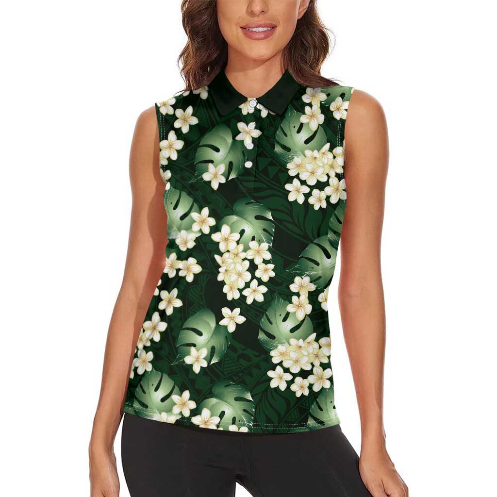 Green Tropical Hawaii Women Sleeveless Polo Shirt Seamless Monstera Plumeria Hawaiian Pattern - Polynesian Pride