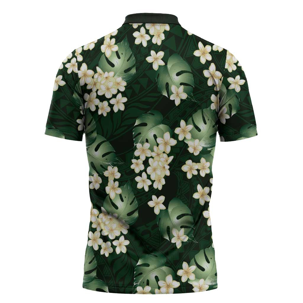 Green Tropical Hawaii Zipper Polo Shirt Seamless Monstera Plumeria Hawaiian Pattern - Polynesian Pride