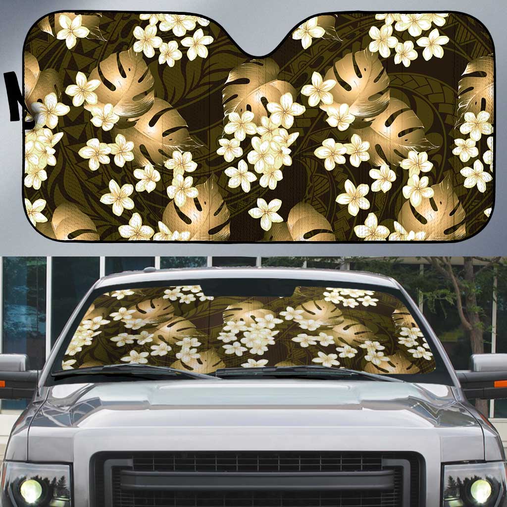 Gold Tropical Hawaii Auto Sun Shade Seamless Monstera Plumeria Hawaiian Pattern LT14 Gold - Polynesian Pride