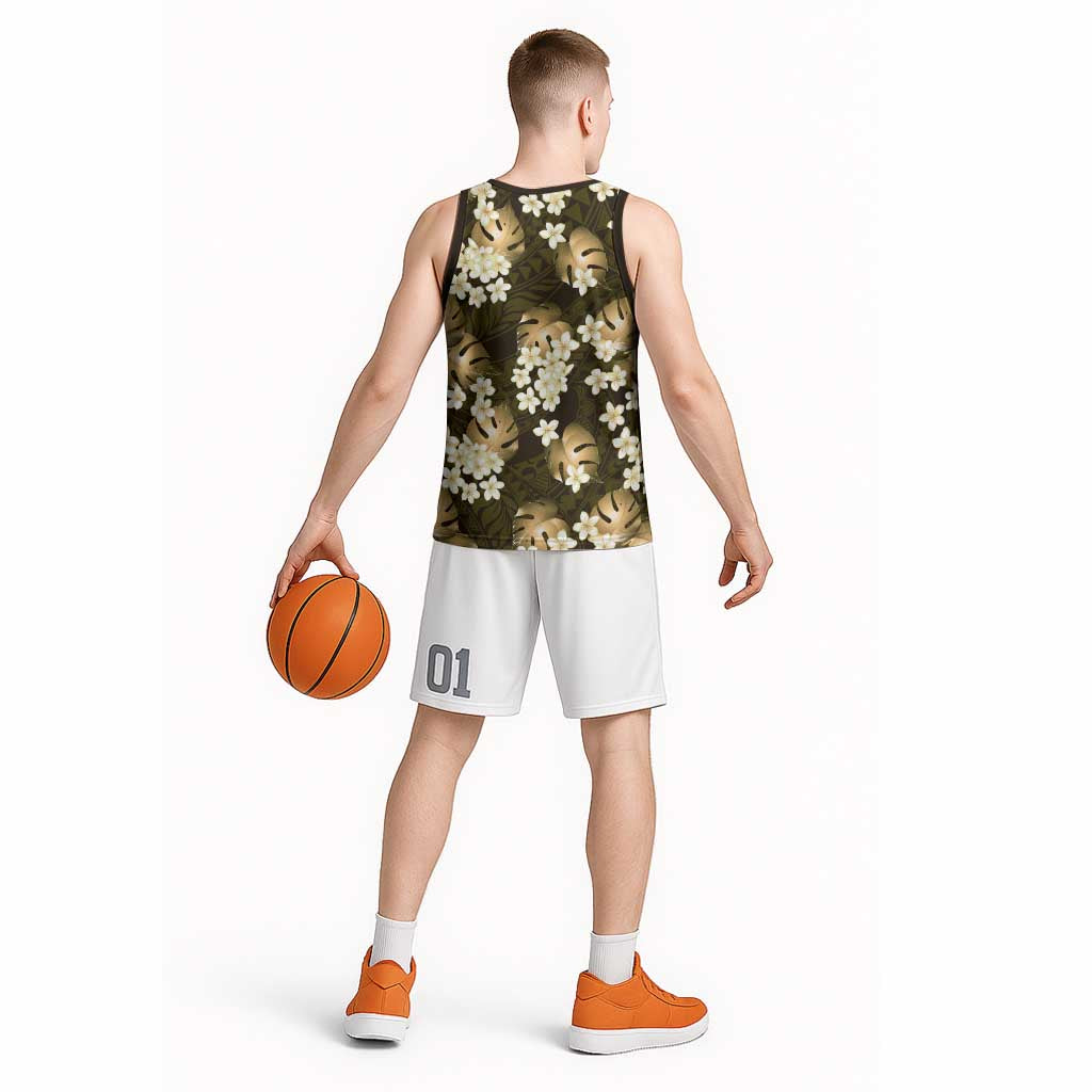 Gold Tropical Hawaii Basketball Jersey Seamless Monstera Plumeria Hawaiian Pattern - Polynesian Pride