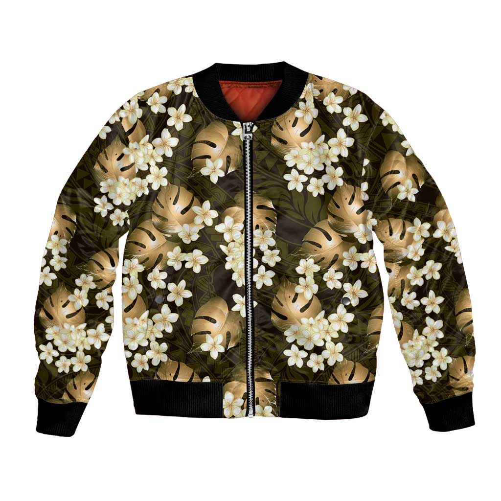 Gold Tropical Hawaii Bomber Jacket Seamless Monstera Plumeria Hawaiian Pattern - Polynesian Pride