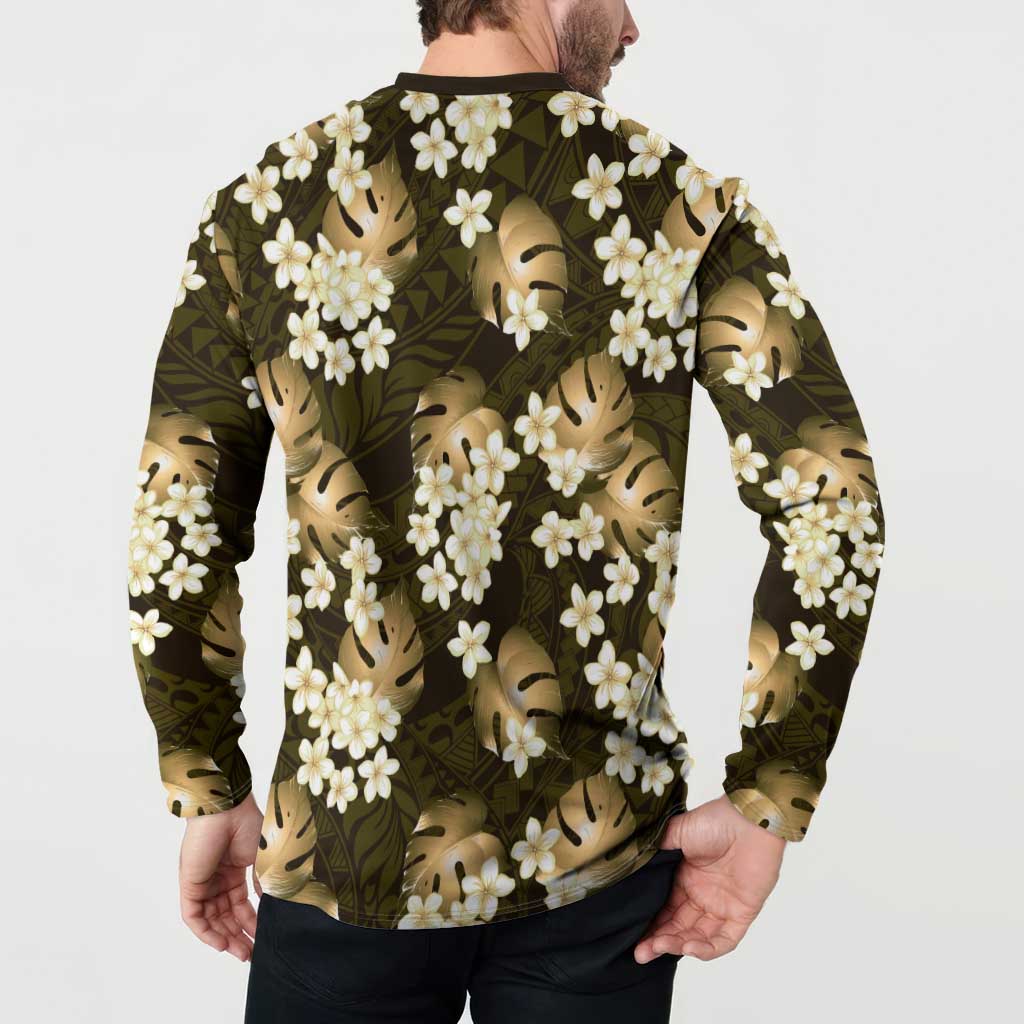 Gold Tropical Hawaii Button Sweatshirt Seamless Monstera Plumeria Hawaiian Pattern - Polynesian Pride