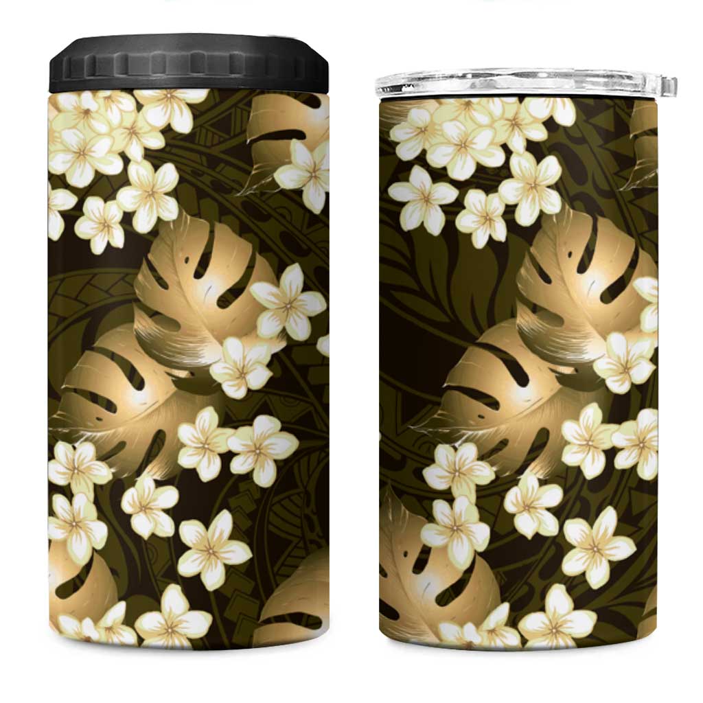 Gold Tropical Hawaii 4 in 1 Can Cooler Tumbler Seamless Monstera Plumeria Hawaiian Pattern - Polynesian Pride