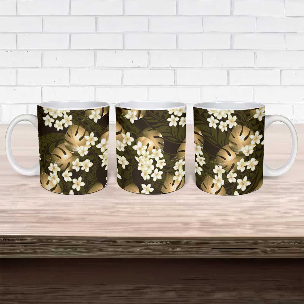 Gold Tropical Hawaii Ceramic Mug Seamless Monstera Plumeria Hawaiian Pattern - Polynesian Pride