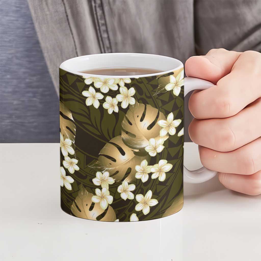 Gold Tropical Hawaii Ceramic Mug Seamless Monstera Plumeria Hawaiian Pattern - Polynesian Pride