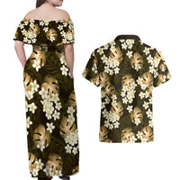 Gold Tropical Hawaii Couples Matching Off Shoulder Maxi Dress and Hawaiian Shirt Seamless Monstera Plumeria Hawaiian Pattern - Polynesian Pride