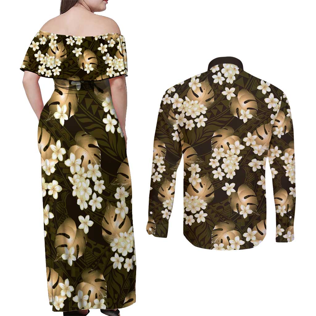 Gold Tropical Hawaii Couples Matching Off Shoulder Maxi Dress and Long Sleeve Button Shirt Seamless Monstera Plumeria Hawaiian Pattern - Polynesian Pride