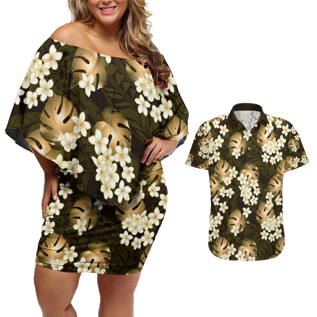 Gold Tropical Hawaii Couples Matching Off Shoulder Short Dress and Hawaiian Shirt Seamless Monstera Plumeria Hawaiian Pattern - Polynesian Pride