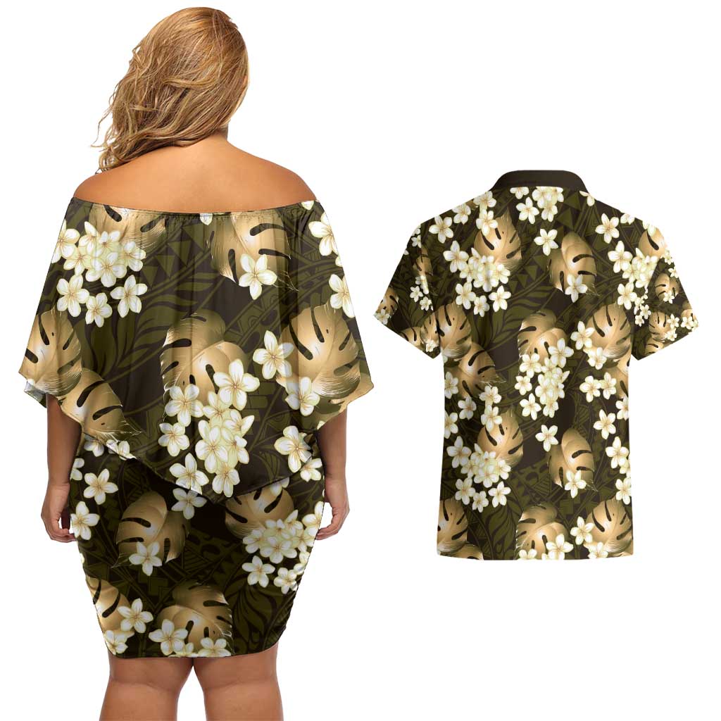 Gold Tropical Hawaii Couples Matching Off Shoulder Short Dress and Hawaiian Shirt Seamless Monstera Plumeria Hawaiian Pattern - Polynesian Pride