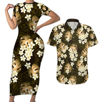 Gold Tropical Hawaii Couples Matching Short Sleeve Bodycon Dress and Hawaiian Shirt Seamless Monstera Plumeria Hawaiian Pattern - Polynesian Pride