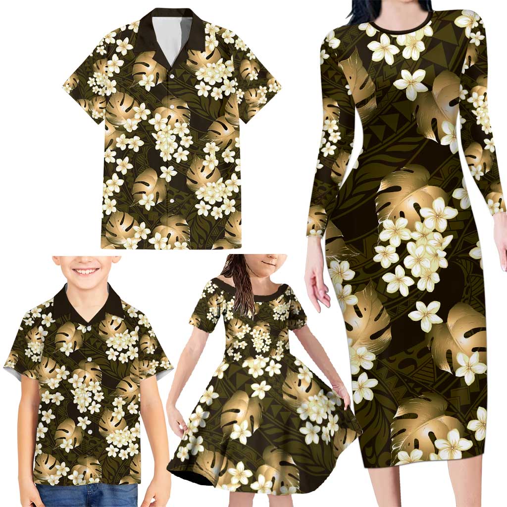 Gold Tropical Hawaii Family Matching Long Sleeve Bodycon Dress and Hawaiian Shirt Seamless Monstera Plumeria Hawaiian Pattern LT14 - Polynesian Pride