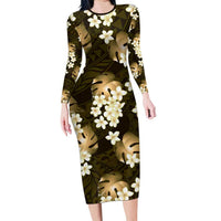 Gold Tropical Hawaii Family Matching Long Sleeve Bodycon Dress and Hawaiian Shirt Seamless Monstera Plumeria Hawaiian Pattern LT14 Mom's Dress Gold - Polynesian Pride
