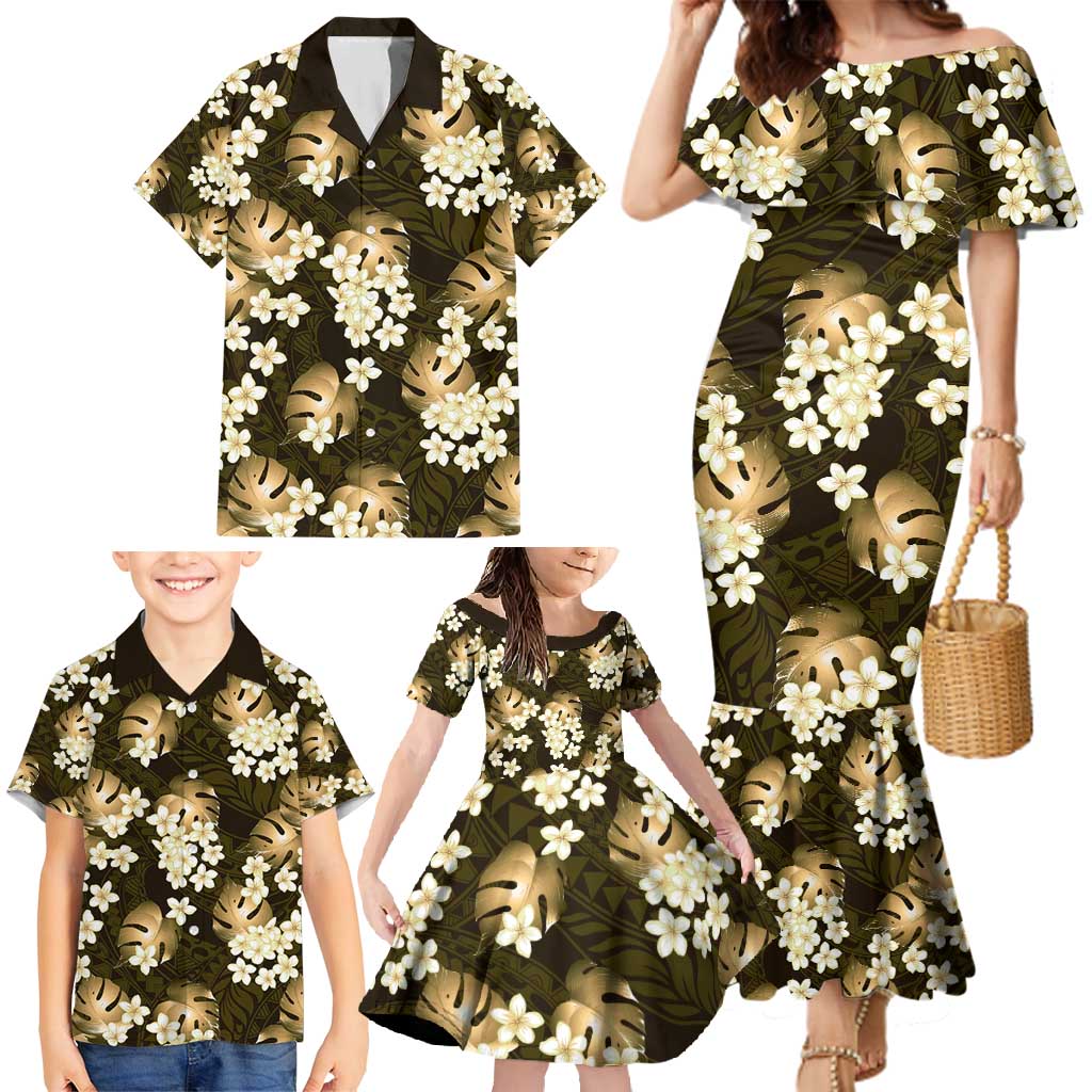 Gold Tropical Hawaii Family Matching Mermaid Dress and Hawaiian Shirt Seamless Monstera Plumeria Hawaiian Pattern LT14 - Polynesian Pride