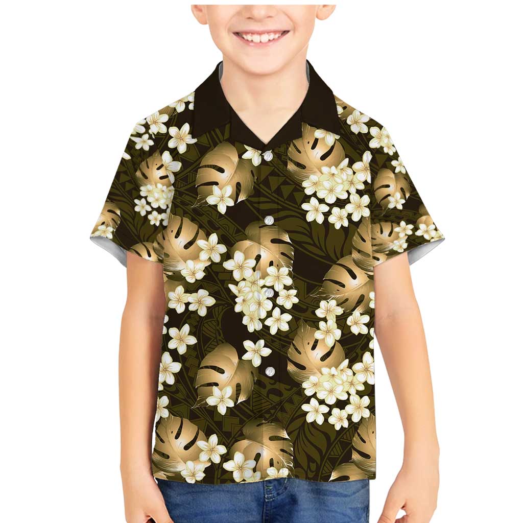 Gold Tropical Hawaii Family Matching Mermaid Dress and Hawaiian Shirt Seamless Monstera Plumeria Hawaiian Pattern LT14 Son's Shirt Gold - Polynesian Pride