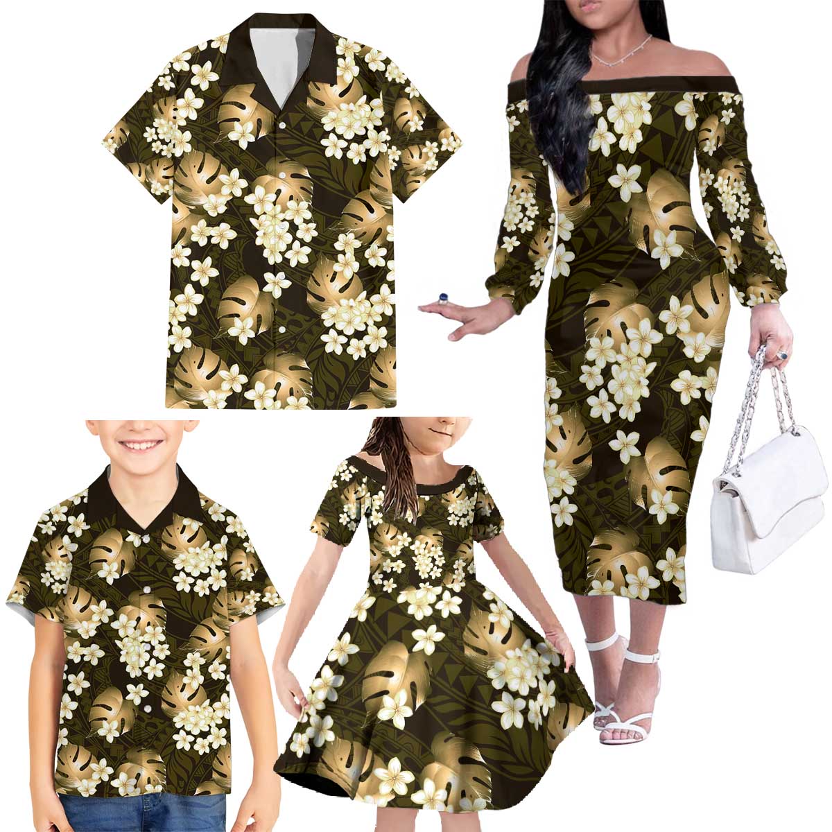 Gold Tropical Hawaii Family Matching Off The Shoulder Long Sleeve Dress and Hawaiian Shirt Seamless Monstera Plumeria Hawaiian Pattern - Polynesian Pride