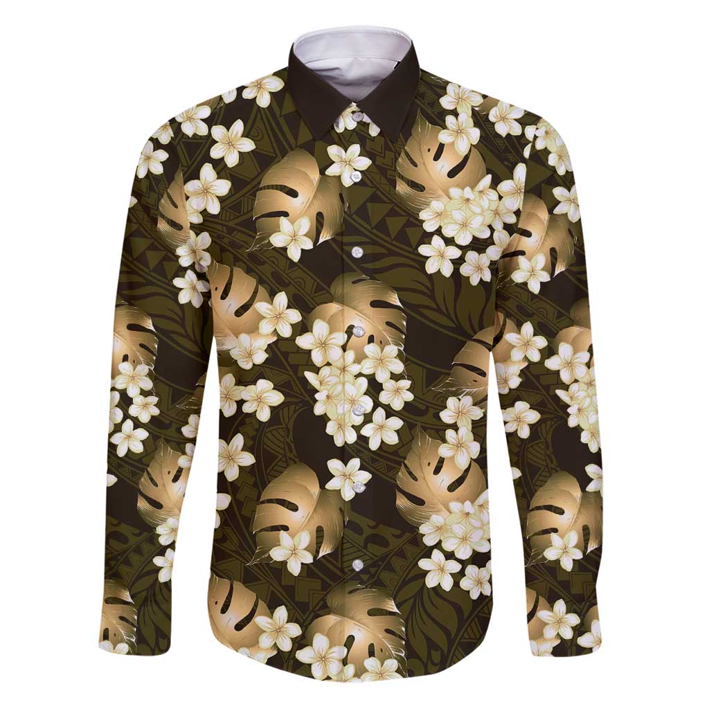 Gold Tropical Hawaii Family Matching Puletasi and Hawaiian Shirt Seamless Monstera Plumeria Hawaiian Pattern LT14 Dad's Shirt - Long Sleeve Gold - Polynesian Pride