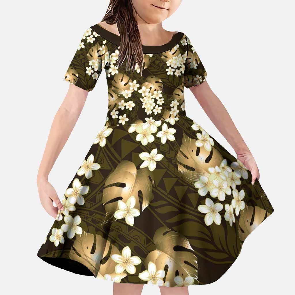 Gold Tropical Hawaii Family Matching Short Sleeve Bodycon Dress and Hawaiian Shirt Seamless Monstera Plumeria Hawaiian Pattern LT14 Daughter's Dress Gold - Polynesian Pride