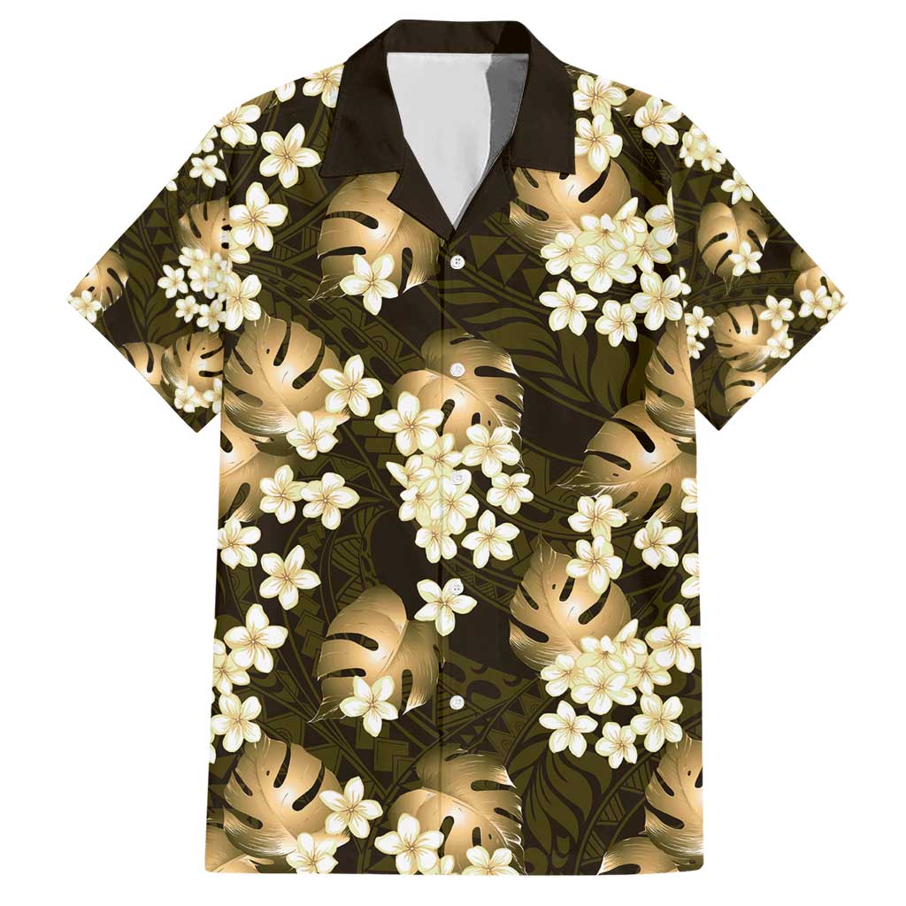Gold Tropical Hawaii Family Matching Short Sleeve Bodycon Dress and Hawaiian Shirt Seamless Monstera Plumeria Hawaiian Pattern LT14 Dad's Shirt - Short Sleeve Gold - Polynesian Pride
