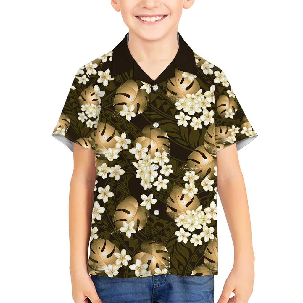 Gold Tropical Hawaii Family Matching Short Sleeve Bodycon Dress and Hawaiian Shirt Seamless Monstera Plumeria Hawaiian Pattern LT14 Son's Shirt Gold - Polynesian Pride