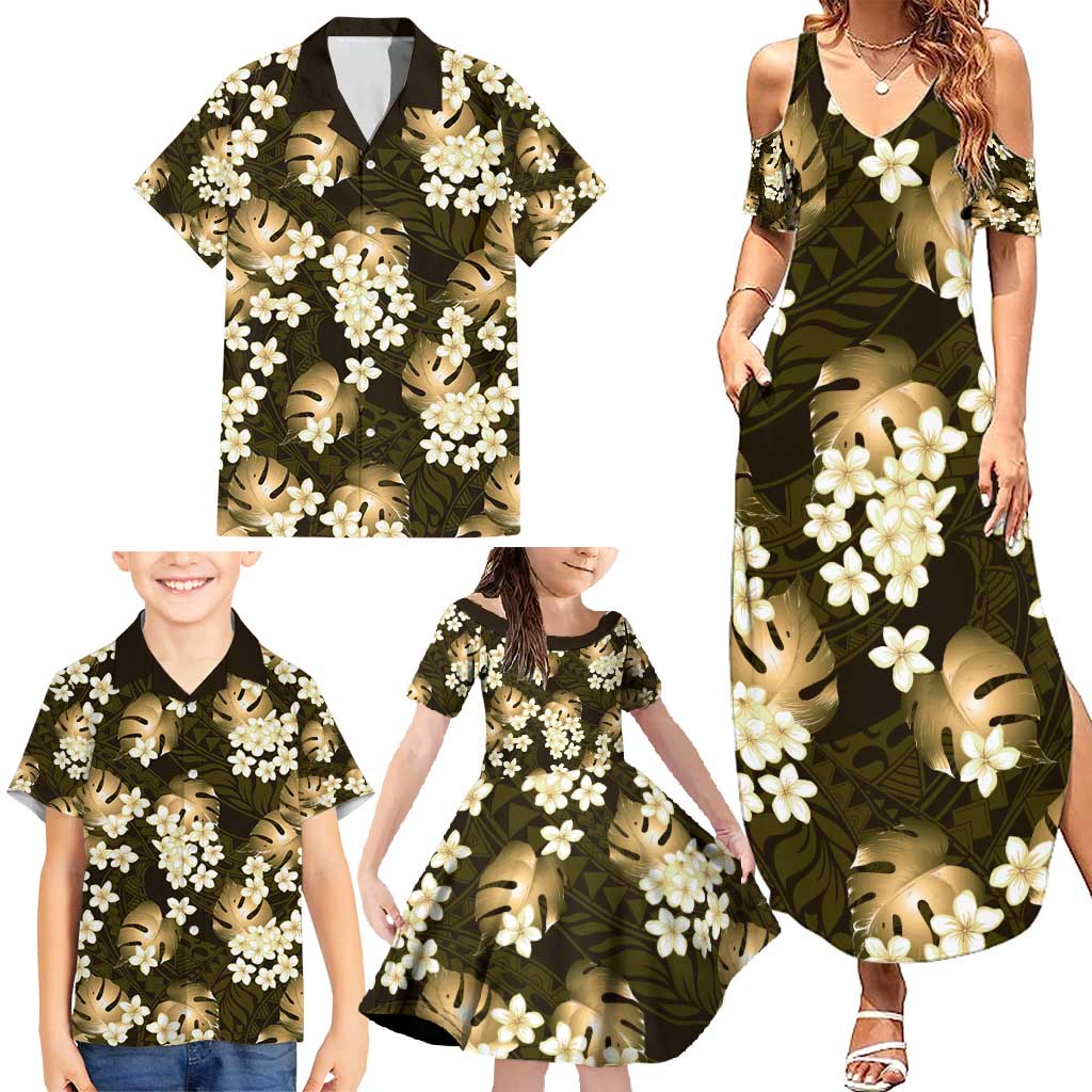 Gold Tropical Hawaii Family Matching Summer Maxi Dress and Hawaiian Shirt Seamless Monstera Plumeria Hawaiian Pattern - Polynesian Pride