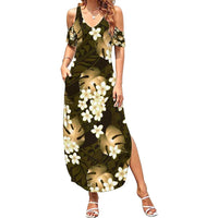 Gold Tropical Hawaii Family Matching Summer Maxi Dress and Hawaiian Shirt Seamless Monstera Plumeria Hawaiian Pattern - Polynesian Pride