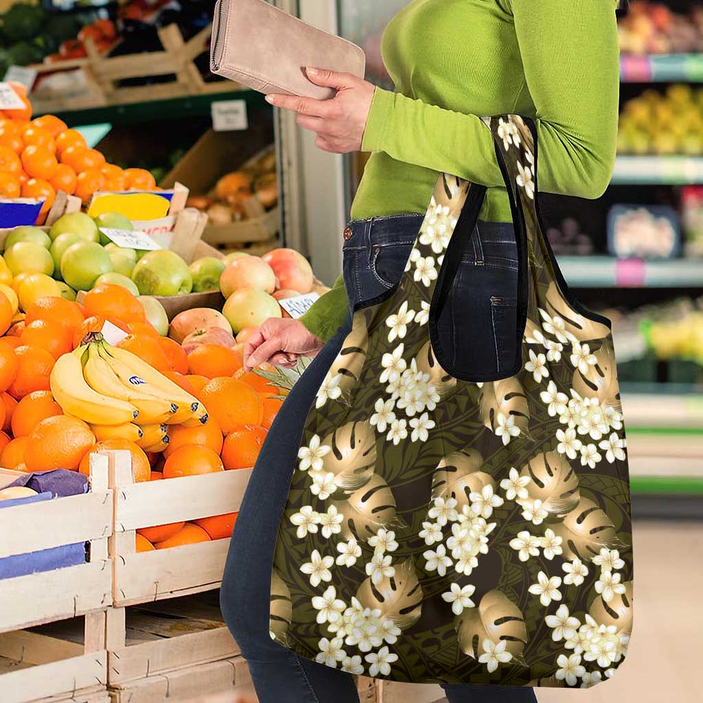 Gold Tropical Hawaii Grocery Bag Seamless Monstera Plumeria Hawaiian Pattern - Polynesian Pride