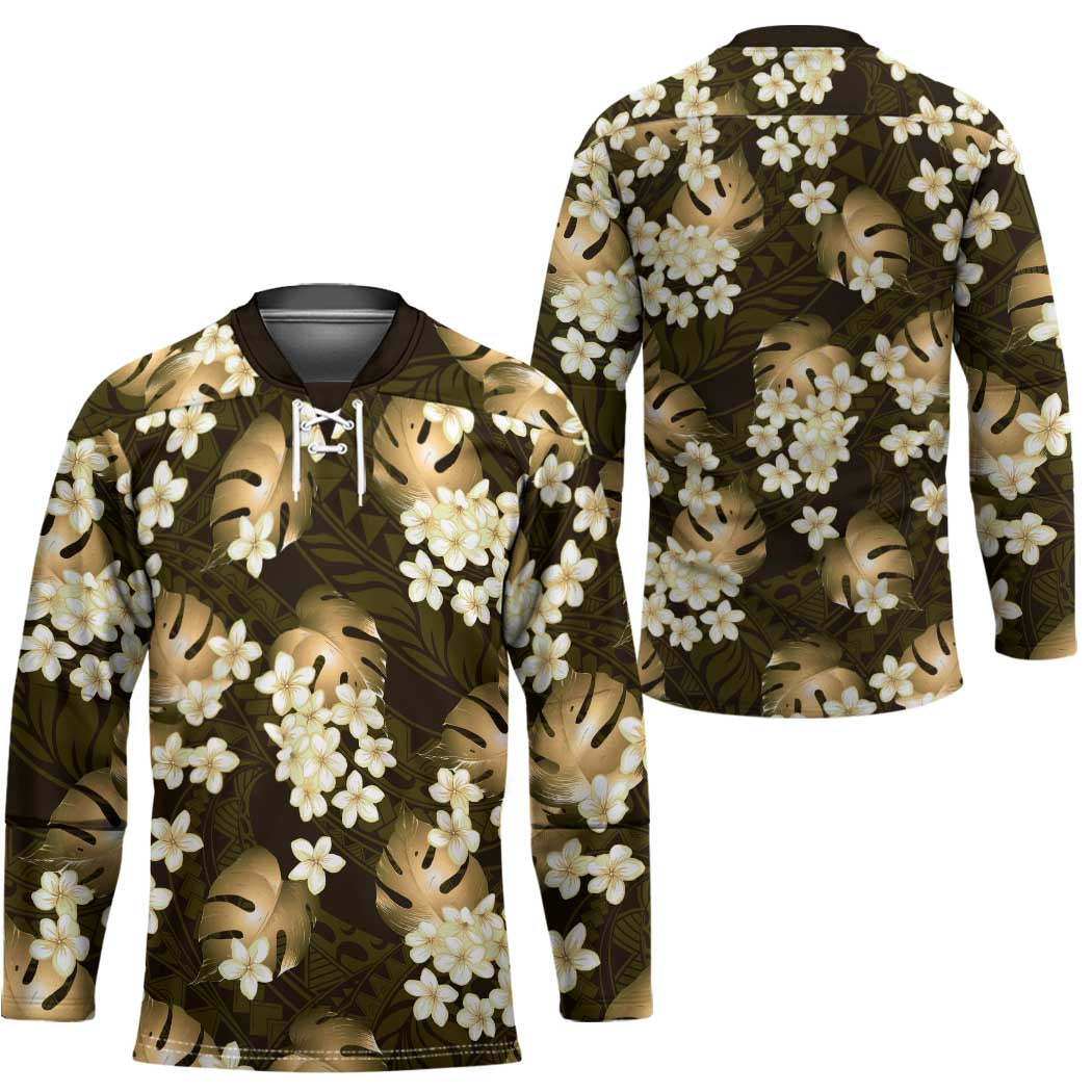 Gold Tropical Hawaii Hockey Jersey Seamless Monstera Plumeria Hawaiian Pattern - Polynesian Pride