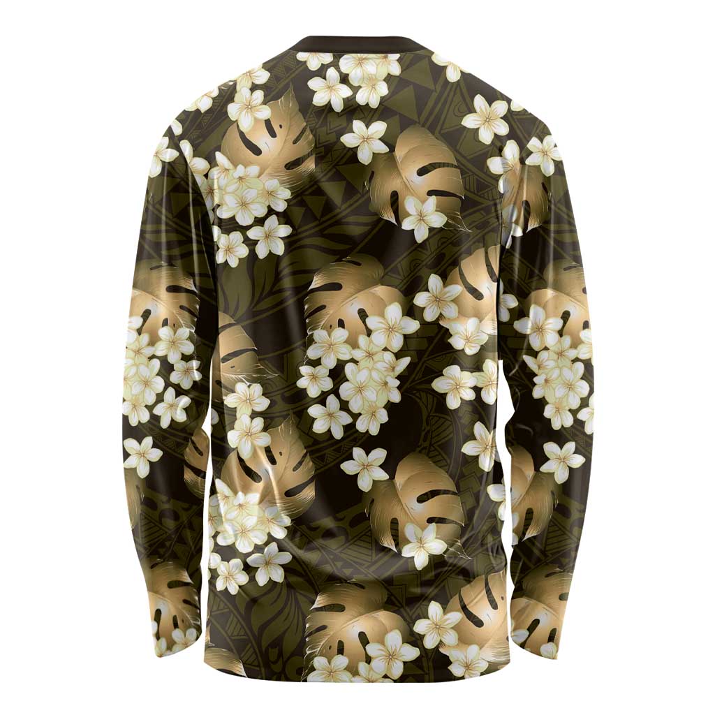 Gold Tropical Hawaii Long Sleeve Shirt Seamless Monstera Plumeria Hawaiian Pattern - Polynesian Pride