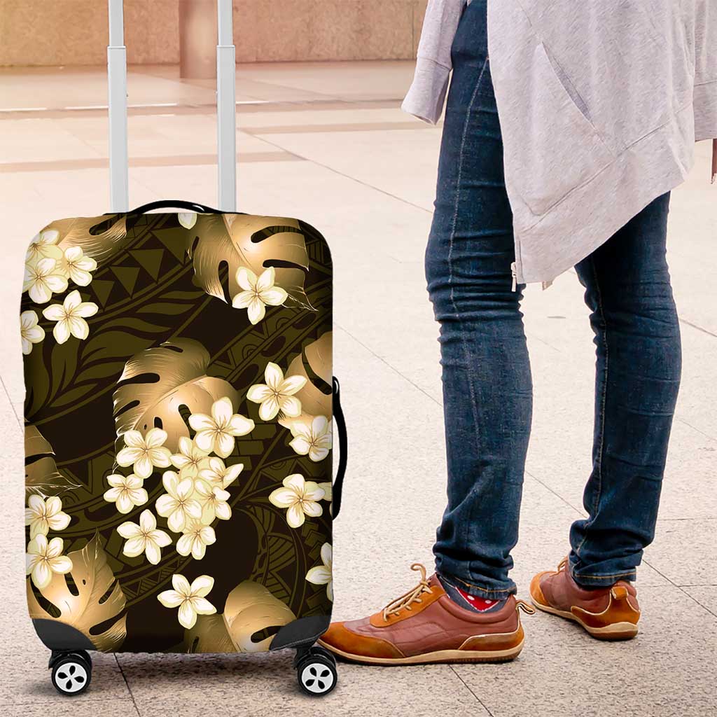 Gold Tropical Hawaii Luggage Cover Seamless Monstera Plumeria Hawaiian Pattern - Polynesian Pride
