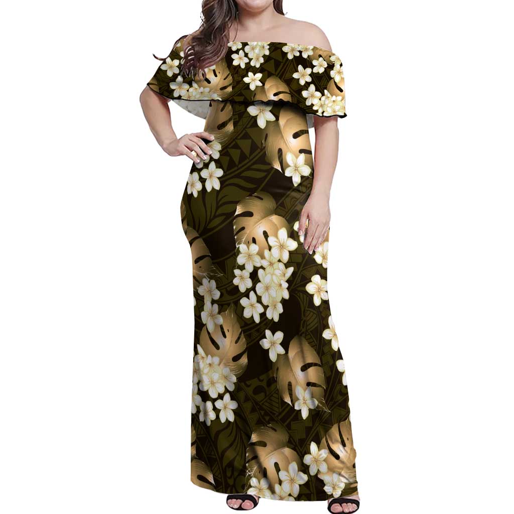 Gold Tropical Hawaii Off Shoulder Maxi Dress Seamless Monstera Plumeria Hawaiian Pattern LT14 Women Gold - Polynesian Pride