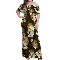 Gold Tropical Hawaii Off Shoulder Maxi Dress Seamless Monstera Plumeria Hawaiian Pattern LT14 Women Gold - Polynesian Pride