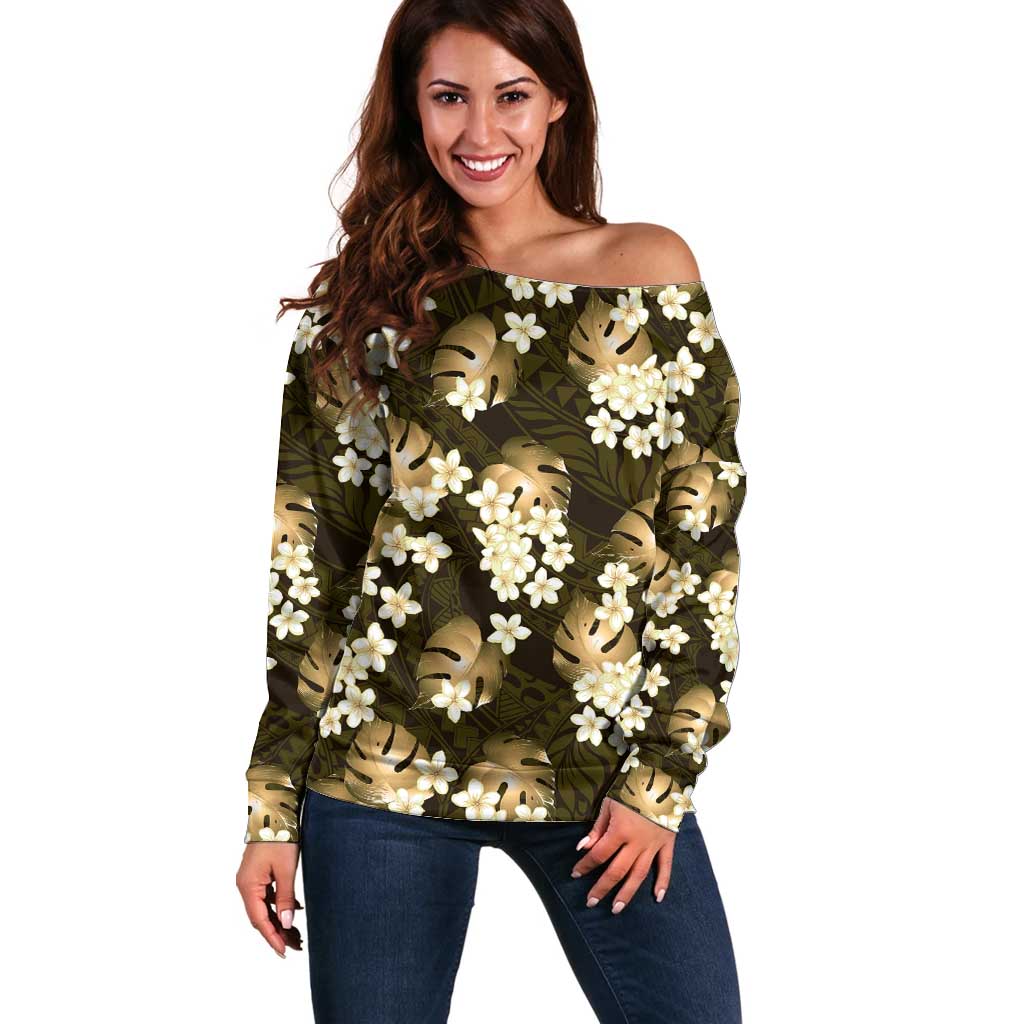 Gold Tropical Hawaii Off Shoulder Sweater Seamless Monstera Plumeria Hawaiian Pattern - Polynesian Pride