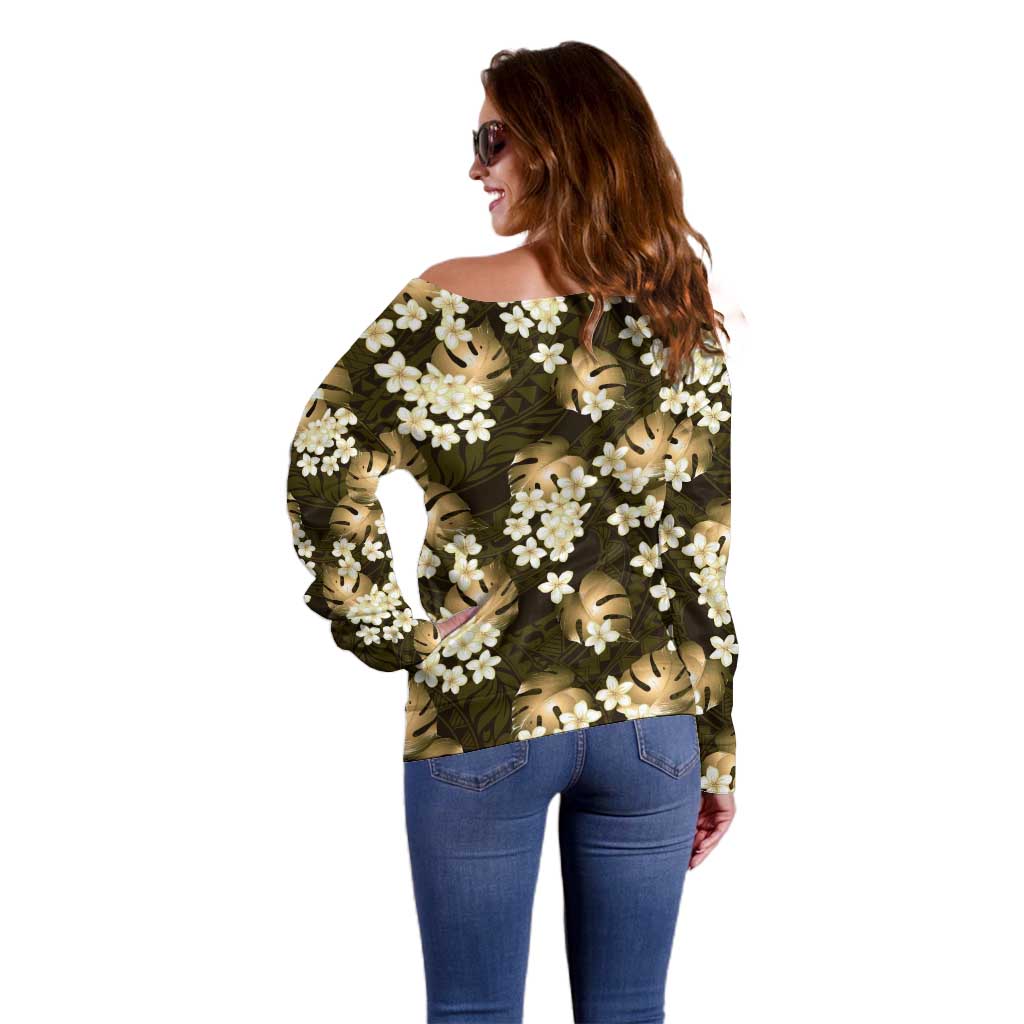 Gold Tropical Hawaii Off Shoulder Sweater Seamless Monstera Plumeria Hawaiian Pattern - Polynesian Pride