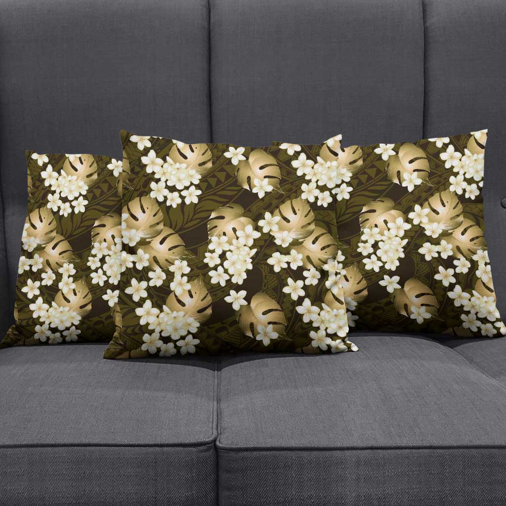 Gold Tropical Hawaii Pillow Cover Seamless Monstera Plumeria Hawaiian Pattern - Polynesian Pride