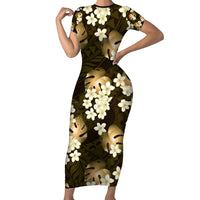 Gold Tropical Hawaii Short Sleeve Bodycon Dress Seamless Monstera Plumeria Hawaiian Pattern LT14 Long Dress Gold - Polynesian Pride