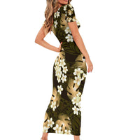 Gold Tropical Hawaii Short Sleeve Bodycon Dress Seamless Monstera Plumeria Hawaiian Pattern LT14 - Polynesian Pride