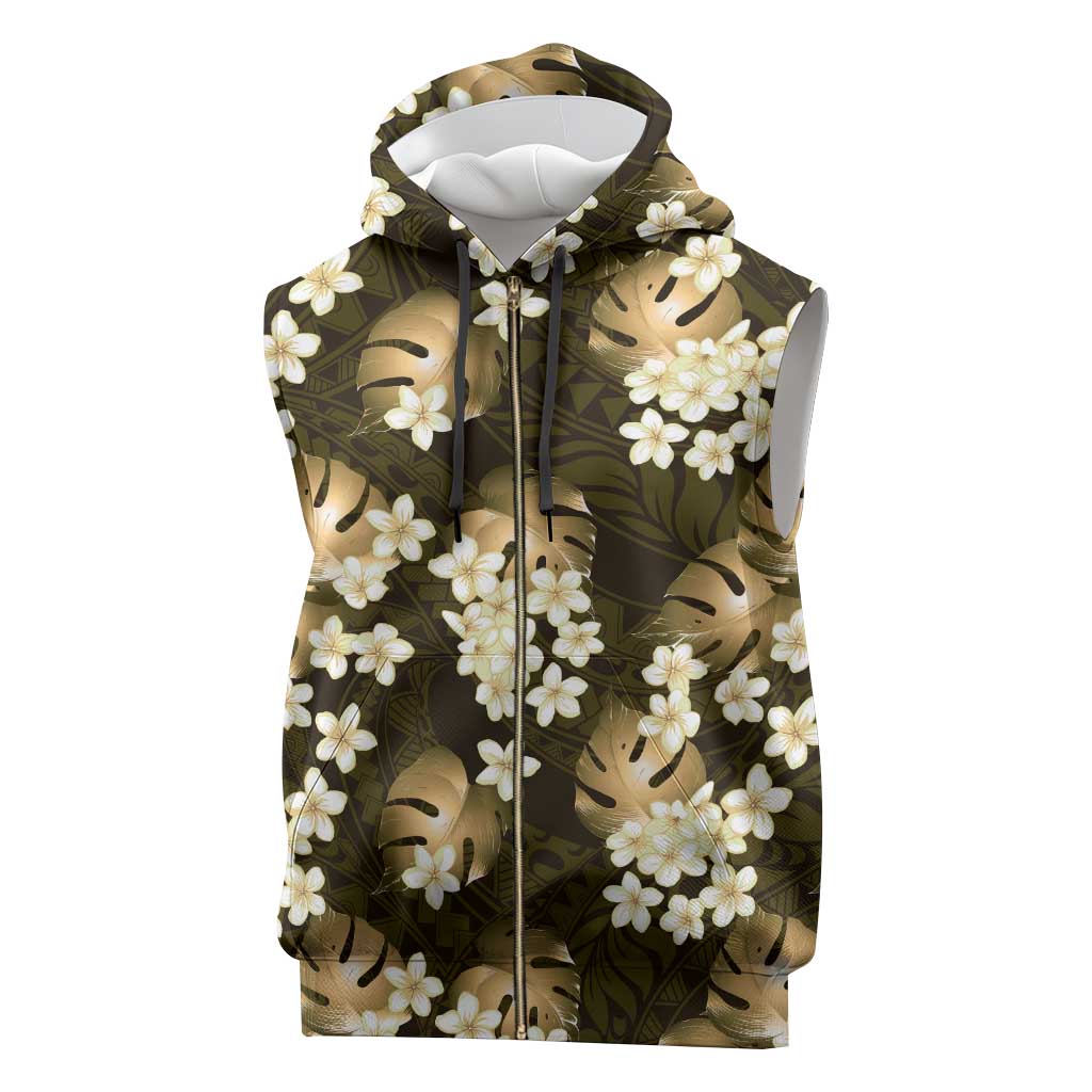 Gold Tropical Hawaii Sleeveless Zip Hoodie Seamless Monstera Plumeria Hawaiian Pattern - Polynesian Pride