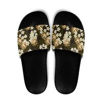 Gold Tropical Hawaii Slide Sandals Seamless Monstera Plumeria Hawaiian Pattern - Polynesian Pride