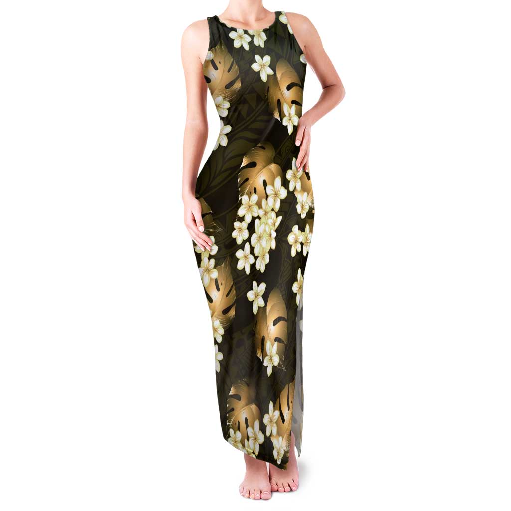 Gold Tropical Hawaii Tank Maxi Dress Seamless Monstera Plumeria Hawaiian Pattern - Polynesian Pride