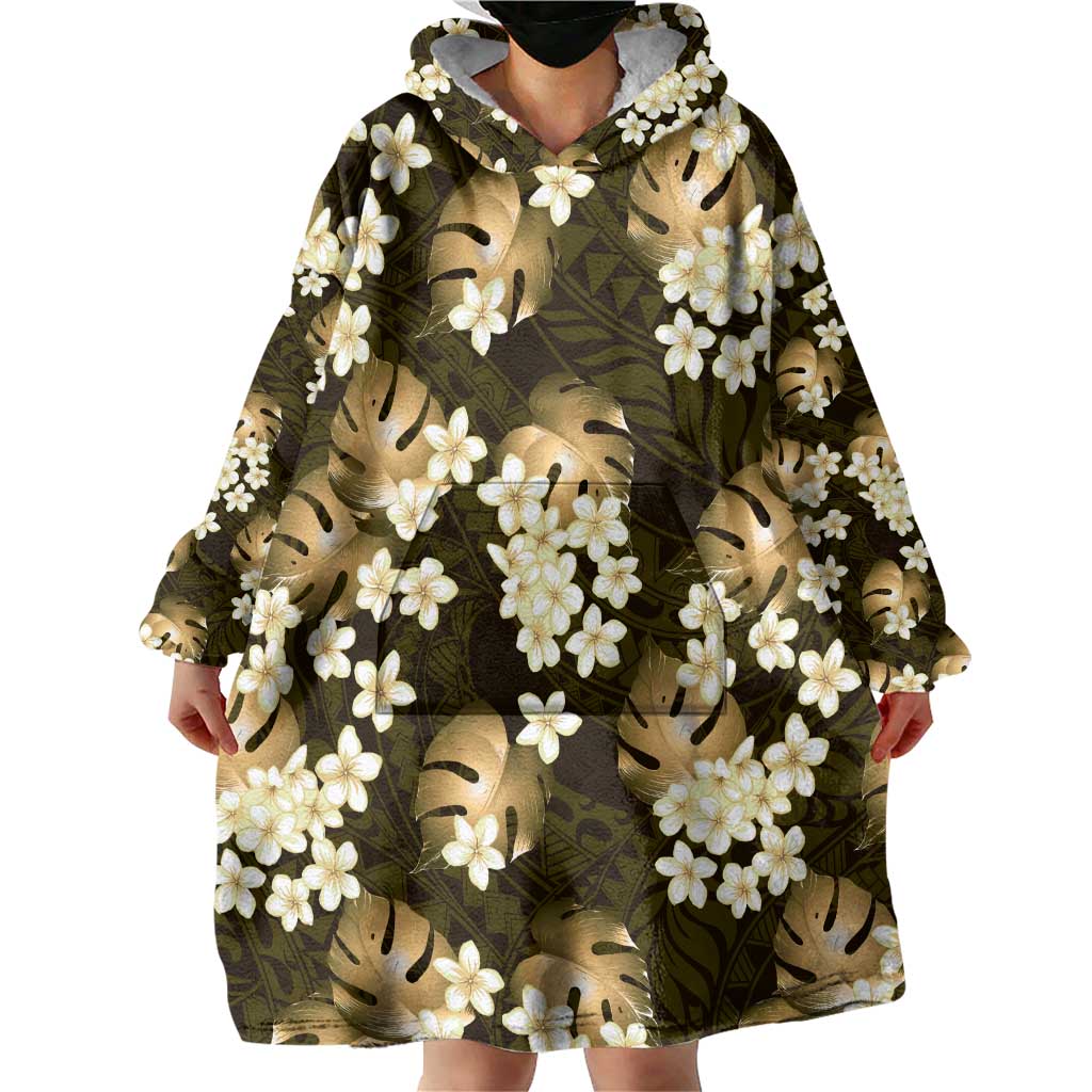 Gold Tropical Hawaii Wearable Blanket Hoodie Seamless Monstera Plumeria Hawaiian Pattern - Polynesian Pride
